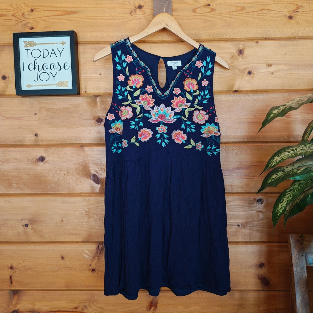 Umgee Navy Blue Floral Embroidered Boho Mini Sleeveless Babydoll Dress Size Med